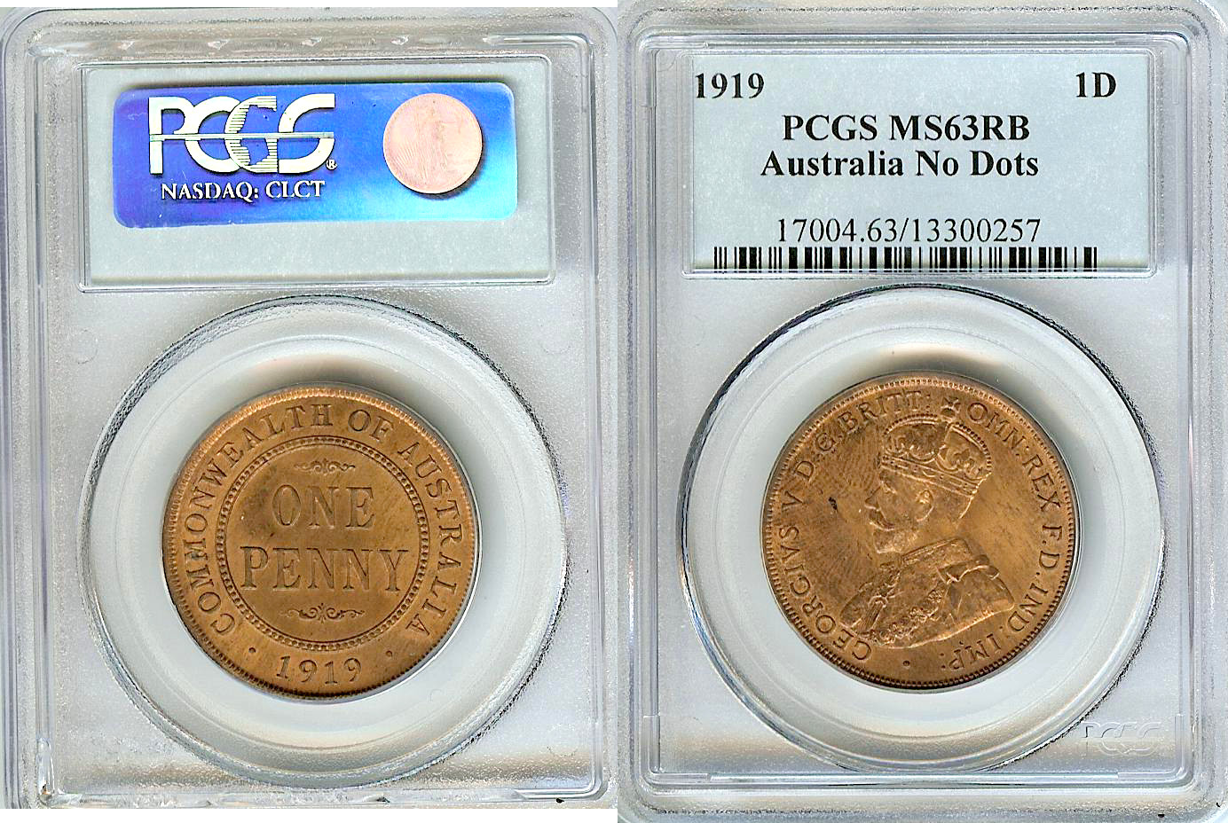 Australie Penny 1919 pas points PCGS MS63RB
